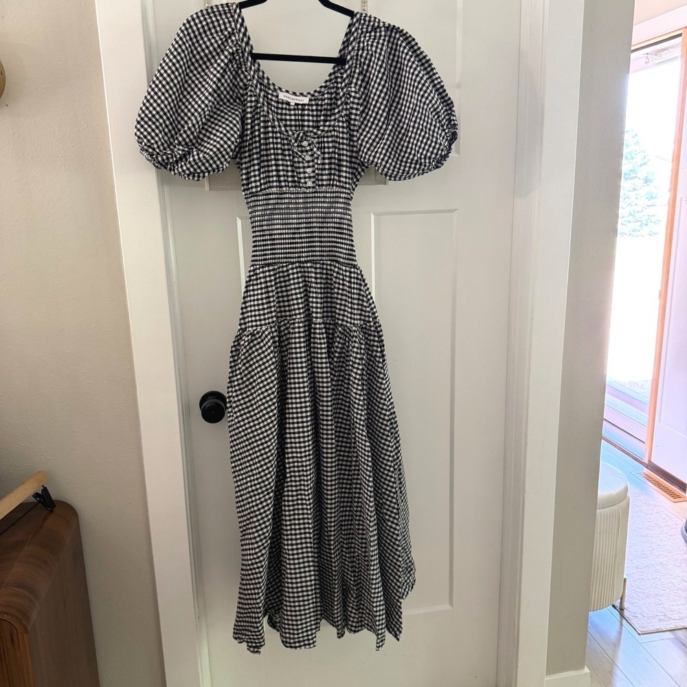 WeWoreWhat Astrid Gingham Midi Dress Black Puff Sleeve Smocked S Cottagecore